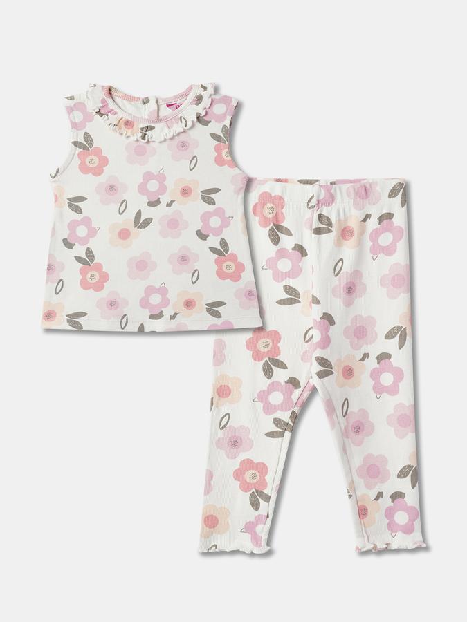 Girls Floral Print Round-Neck Top & Pants Set image number 0