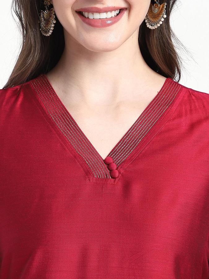 R&B Women Maroon Solid V-Neck Knee Length Ethnic Kurta