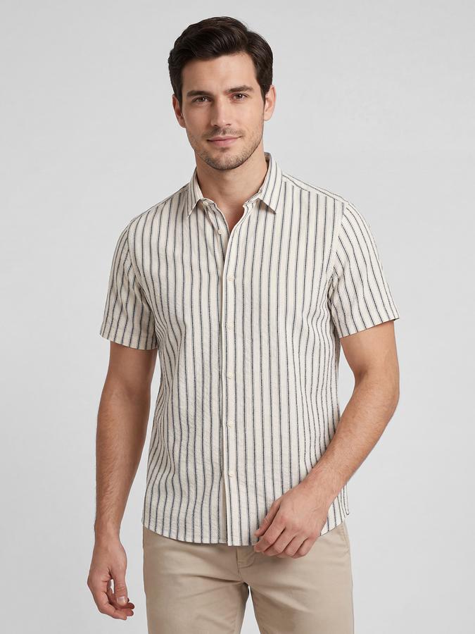 R&B Off White Striped Men Spread Collar Short Sleeves Shirt