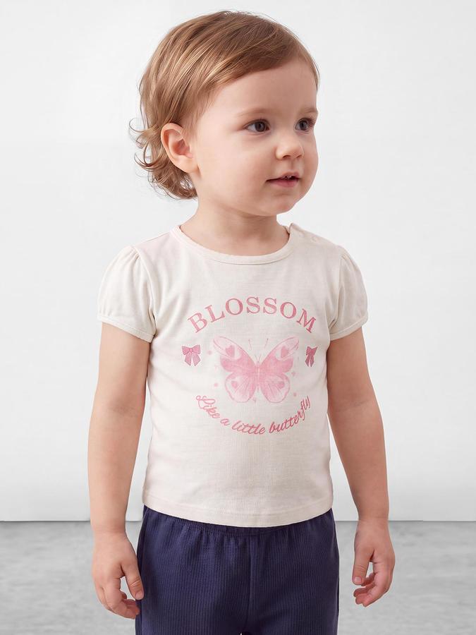 R&B Girls White Butterfly Print Short Sleeves Round Neck Pure Cotton T-Shirt