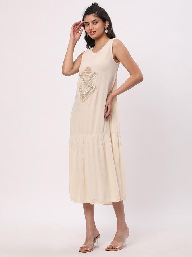 R&B Women Beige Embellished Sleeveless Round Neck Midi A-Line Ethnic Dress