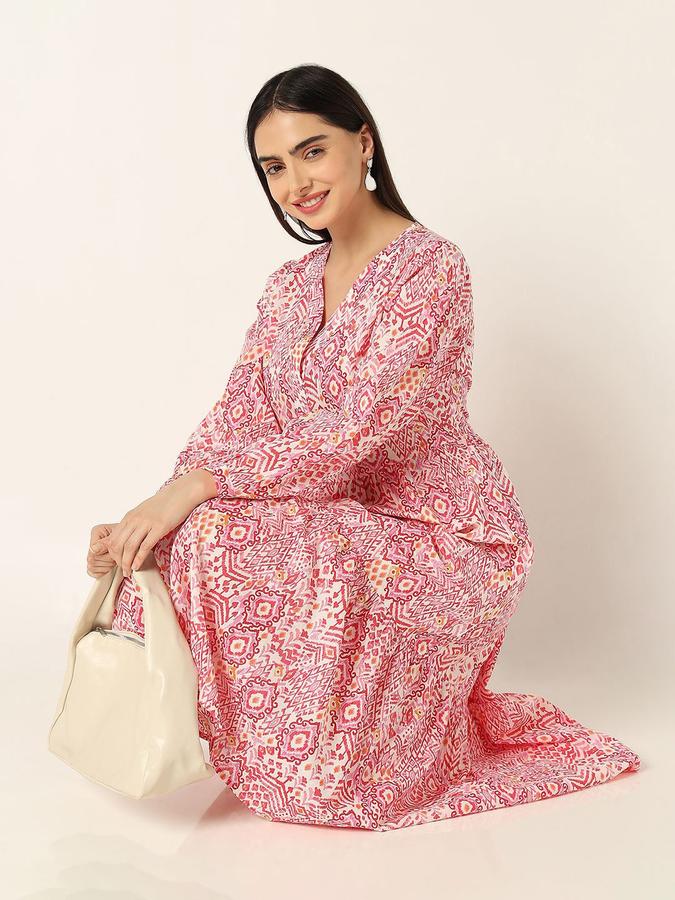 R&B Women Pink Geometric Long Sleeves V-Neck Midi Fit &amp; Flare Dress