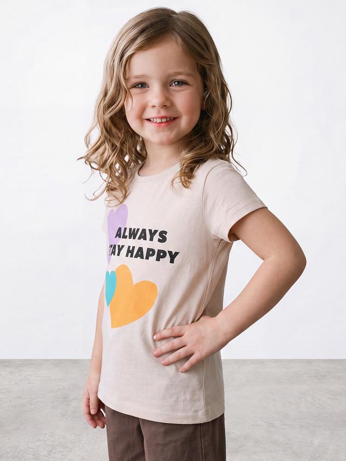 R&B Girls Cream Typography Printed Round Neck Short Sleeve T-Shirt