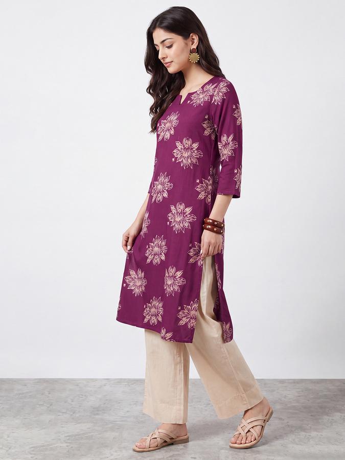 R&B Womens Wine Three-Quarter Sleeves Round Neck Floral Printed Straight Kurta