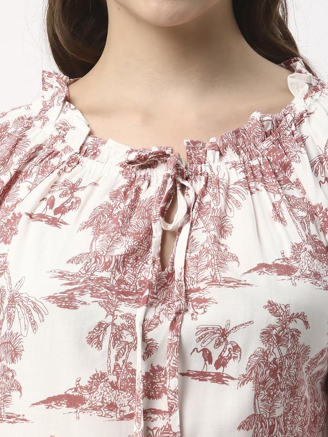 Women Poly Blend Regular Fit Tie-Up Neck Printed Kurta