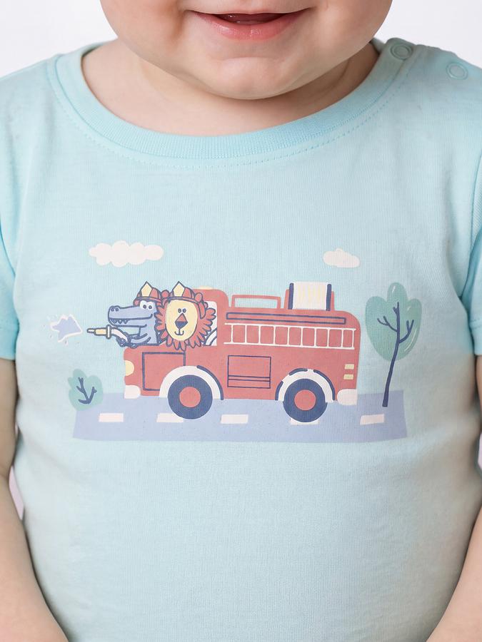 R&B Boys Turquoise Blue Graphic Printed  Short Sleeves Pure Cotton T-shirt