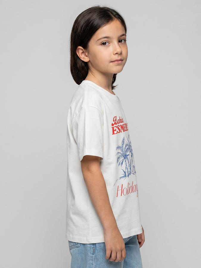 R&B White Graphic Print Girls Round Neck Regular Fit Short Sleeves T-Shirt 