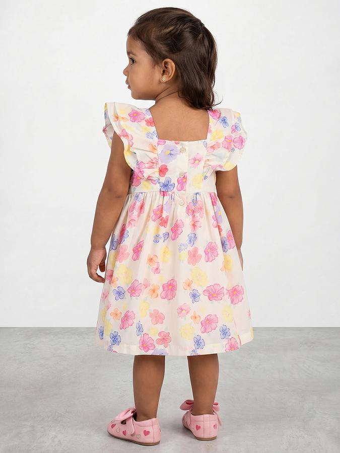 R&B Girl White Floral Print Pure Cotton Flutter Sleeves Fit and Flare Dress