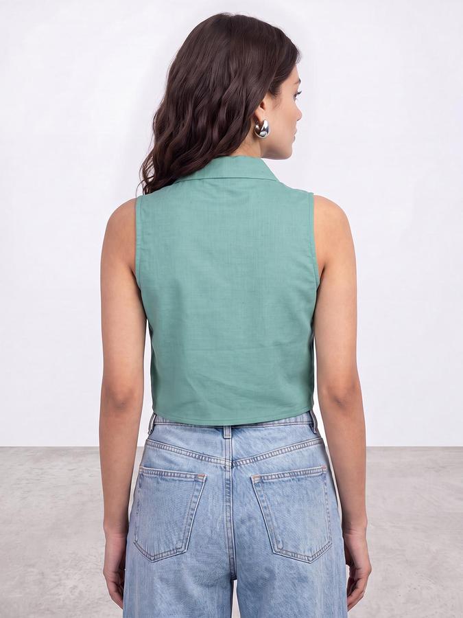 R&B Womens Green Sleeveless Floral Embroidered Shirt Collar Crop Top