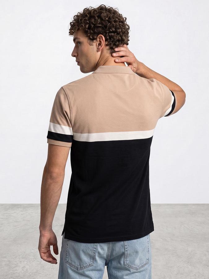 R&B Men Beige Striped Short Sleeves Polo Collar Pure Cotton T-Shirt