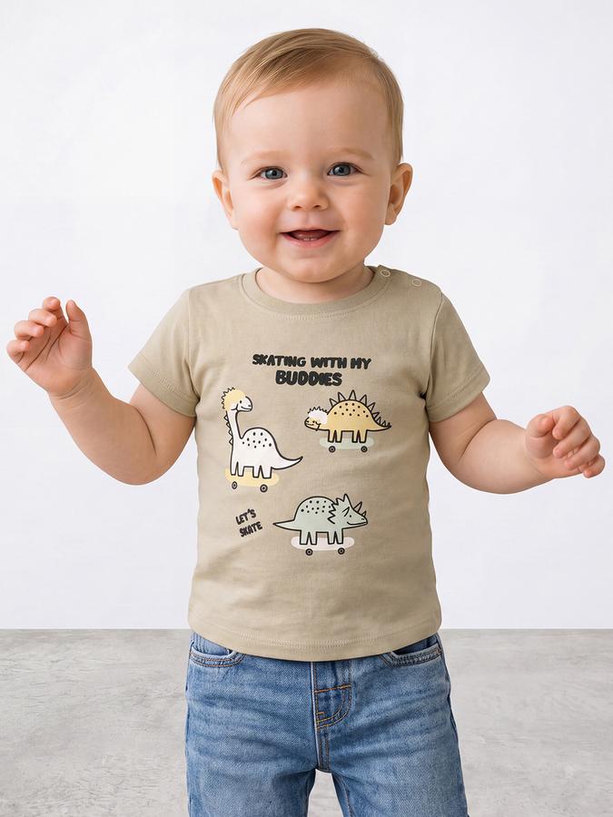 R&B Boys Khaki Graphic Printed  Short Sleeves Pure Cotton T-shirt