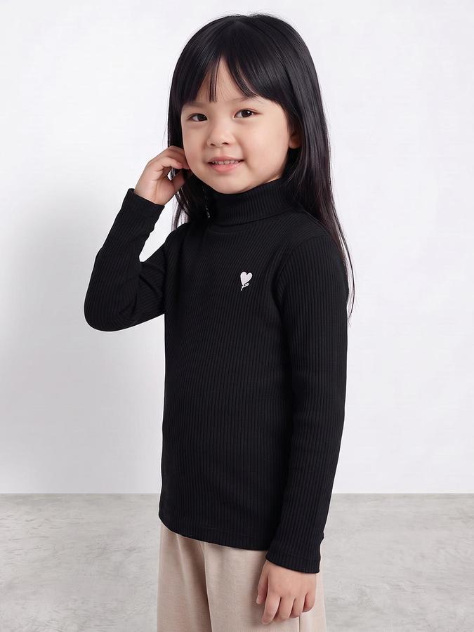 R&B Girls Black Textured Long Sleeves High Neck Ribbed T-Shirt