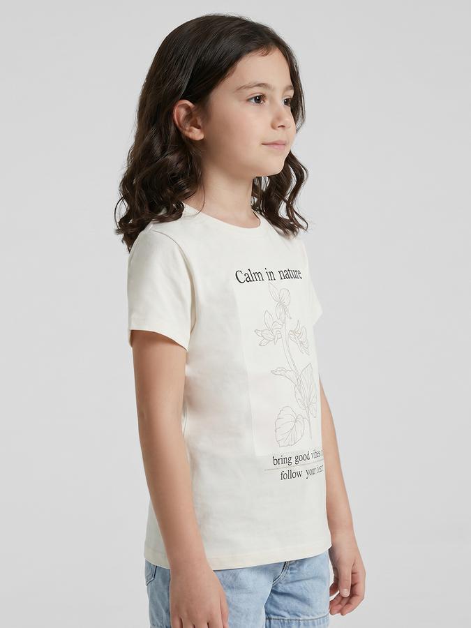 R&B White Graphic Print Girls Round Neck Regular Fit Short Sleeves T-Shirt 