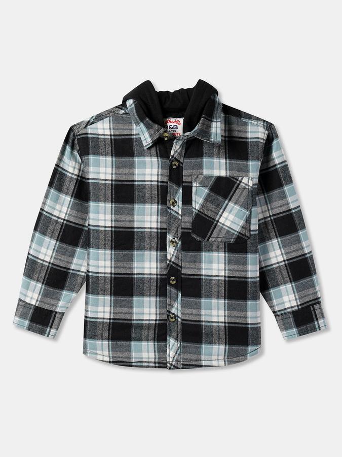 Boys Flannel Relaxed Fit Full Sleeve Hooded Plaid Shirt
