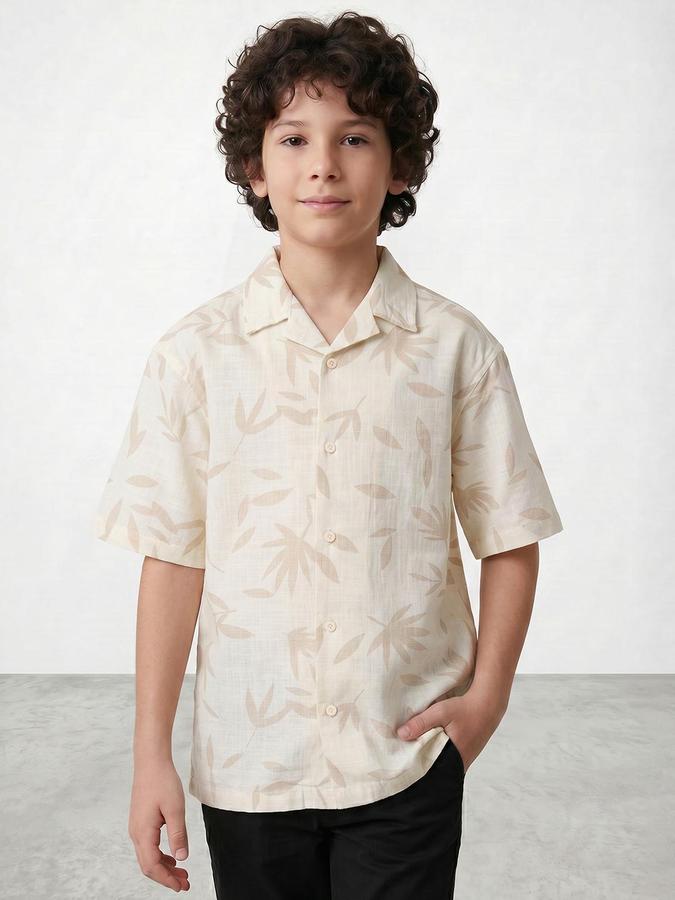R&B Boys Beige Resort Collar Short Sleeves Floral Print Regular Fit Shirt