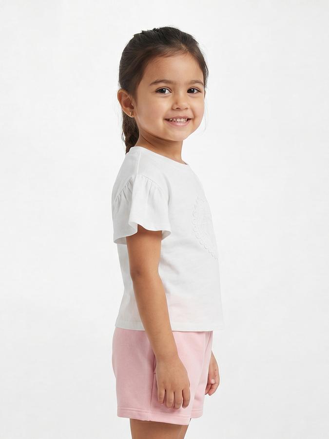 R&B Girls White Regular Fit Self Design Short Sleeve T-shirt
