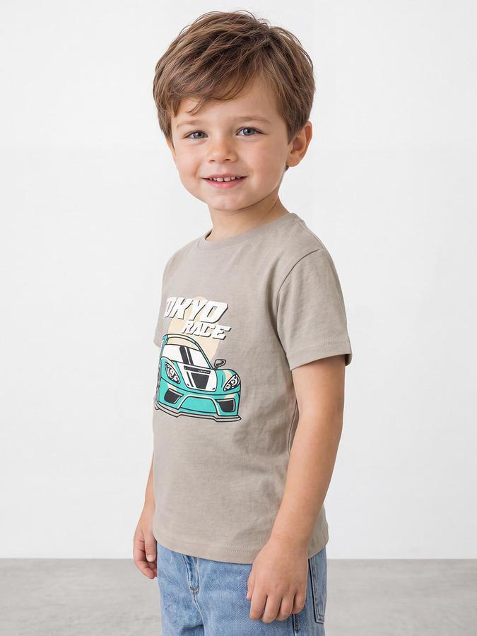 R&B Boys Beige Short Sleeve Round Neck Car Graphic Print T-Shirt