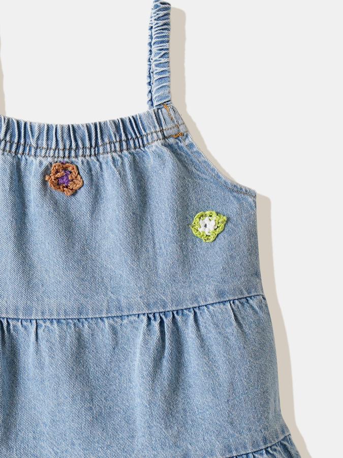 Girls Denim Regular Fit Square Neck Tiered Dress