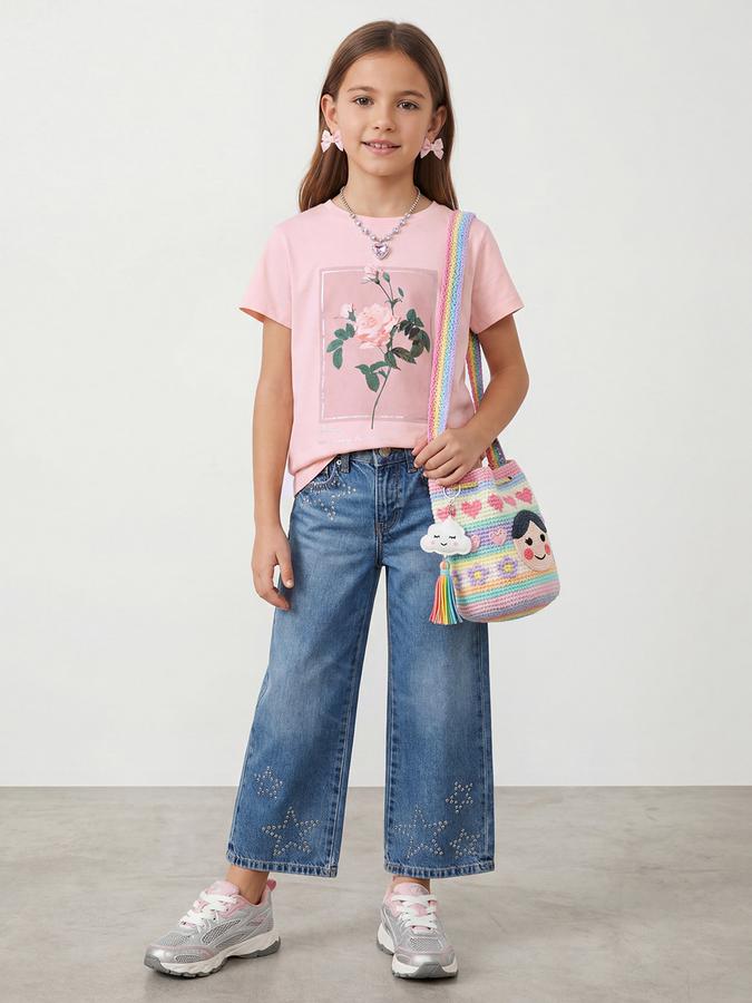 R&B Girls Pink Floral Print Regular Fit Round Neck Half Sleeve T-Shirt