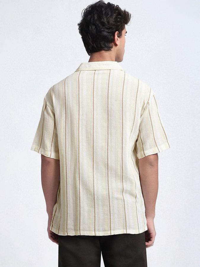 R&B Men Ivory Striped Half Sleeves Cuban Collar Shirt