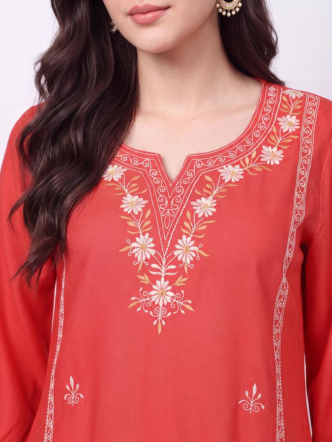 R&B Womens Coral Three-Quarter Sleeves Round Neck Floral Embroidery Straight Kurta