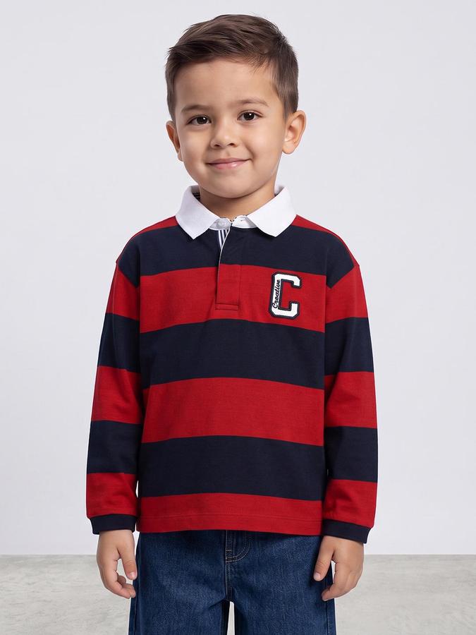 R&B Boys Red Striped Long Sleeves Polo Collar Pure Cotton T-Shirt