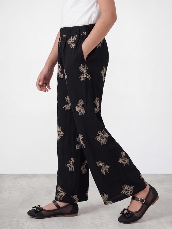 R&B Girls Black Wide Leg Printed Mid-Rise Cotton Trouser