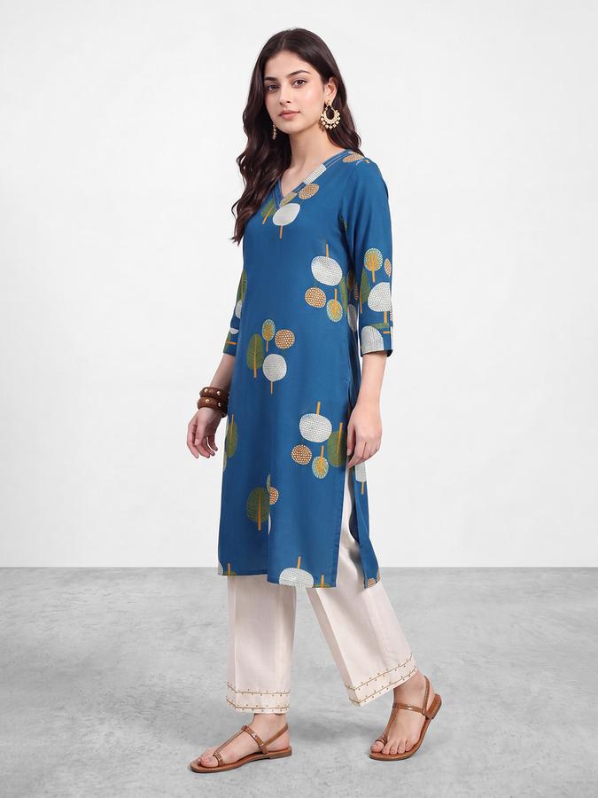 R&B Womens Teal Blue Three-Quarter Sleeves V Neck Floral Printed Straight Kurta