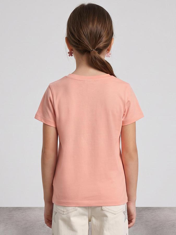 R&B Girls Peach Graphic Print Short Sleeves Round Neck Pure Cotton T-Shirt