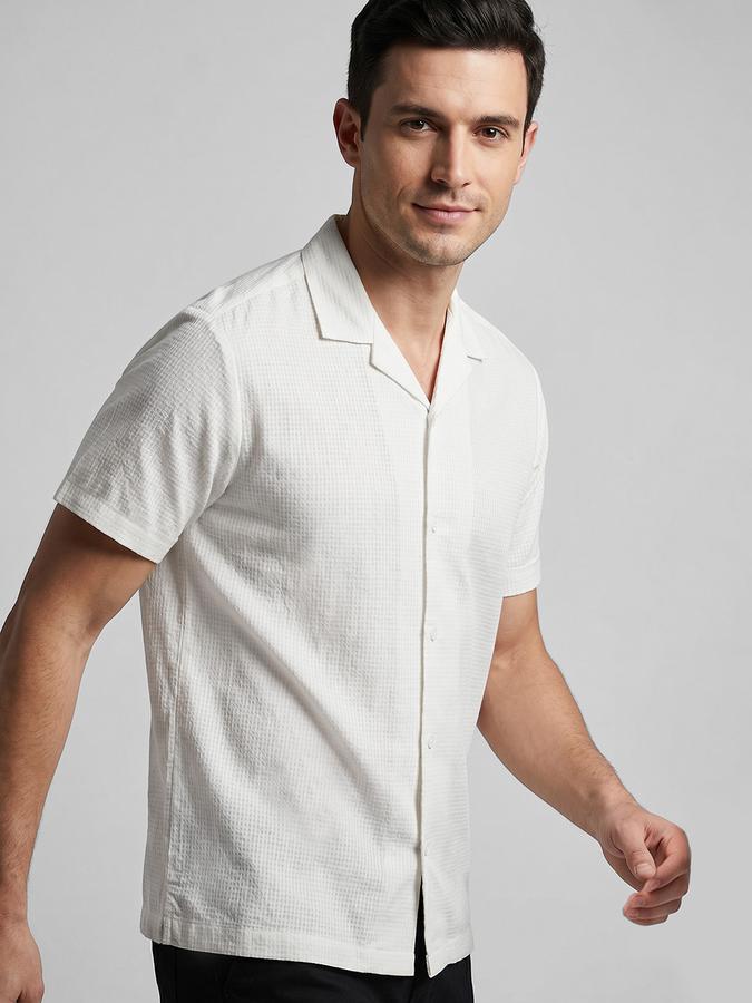 R&B Ivory Textured Men Cuban Collar Short Sleeves Shirt