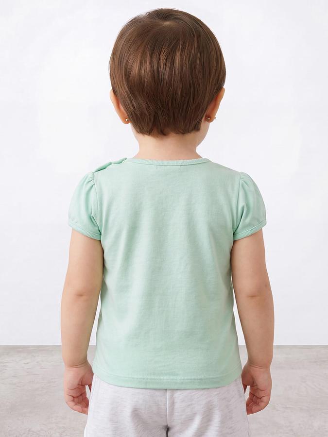 R&B Girls Green Graphic Print Short Sleeves Round Neck Pure Cotton T-Shirt