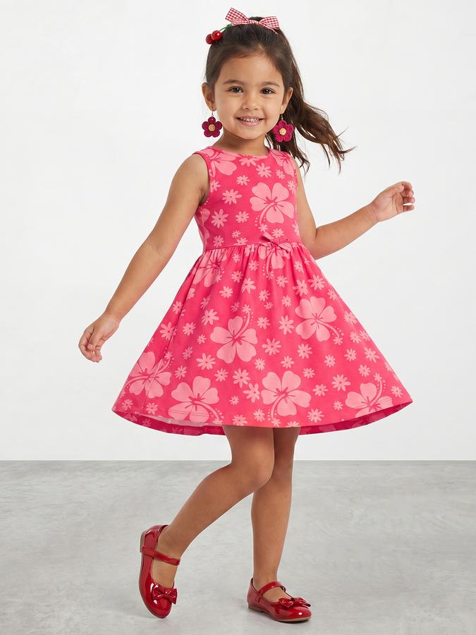 R&B Girl Pink  Floral Print Pure Cotton Sleeveless Fit and Flare Dress