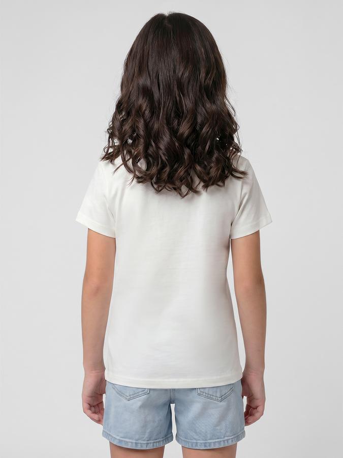 R&B White Graphic Print Girls Round Neck Regular Fit Short Sleeves T-Shirt 