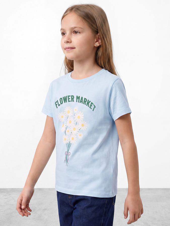 R&B Girls Blue Floral Printed  Short Sleeves Pure Cotton T-shirt