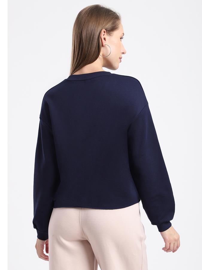 R&B Women Navy Typography Print Cropped Sweatshirt