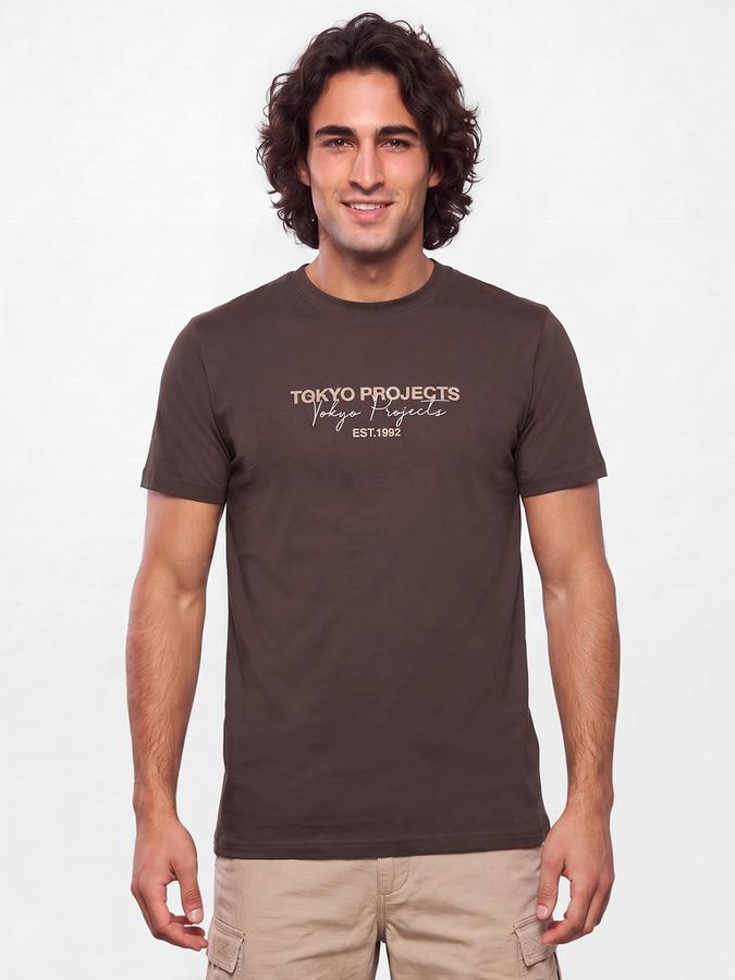 R&B Men Golden Brown Typographic Print Short Sleeves Pure Cotton Tshirt