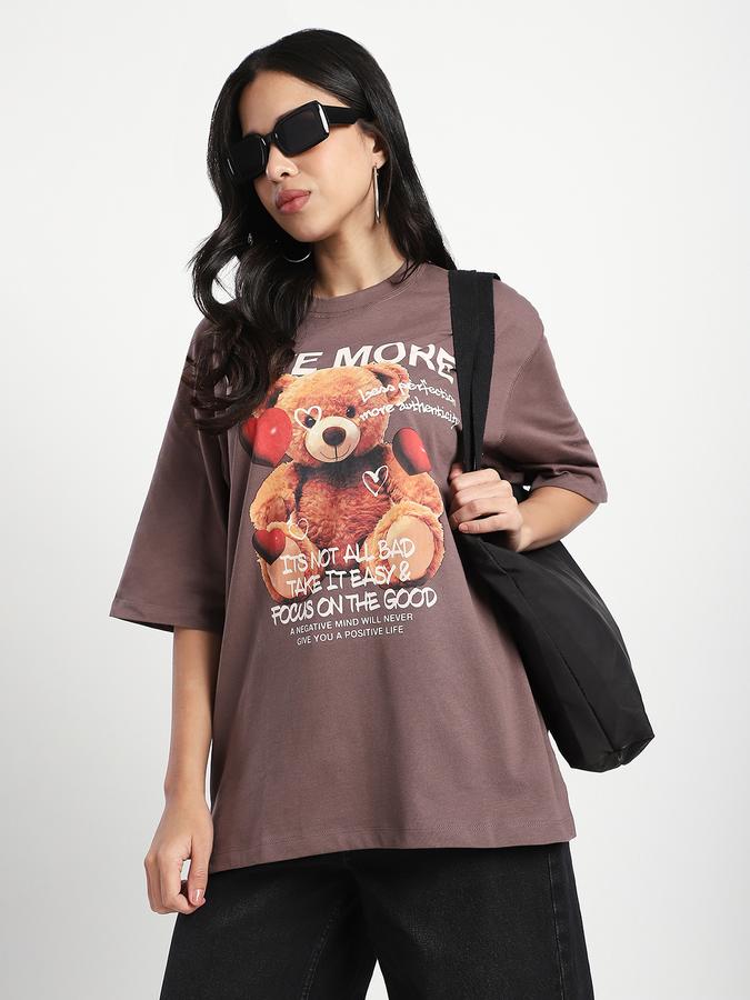 R&B Women Taupe Oversized Teddy Bear Graphic T-Shirt