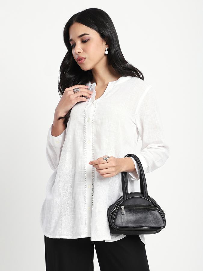 Women Viscose Relaxed Fit Mandarin Collar Solid Top