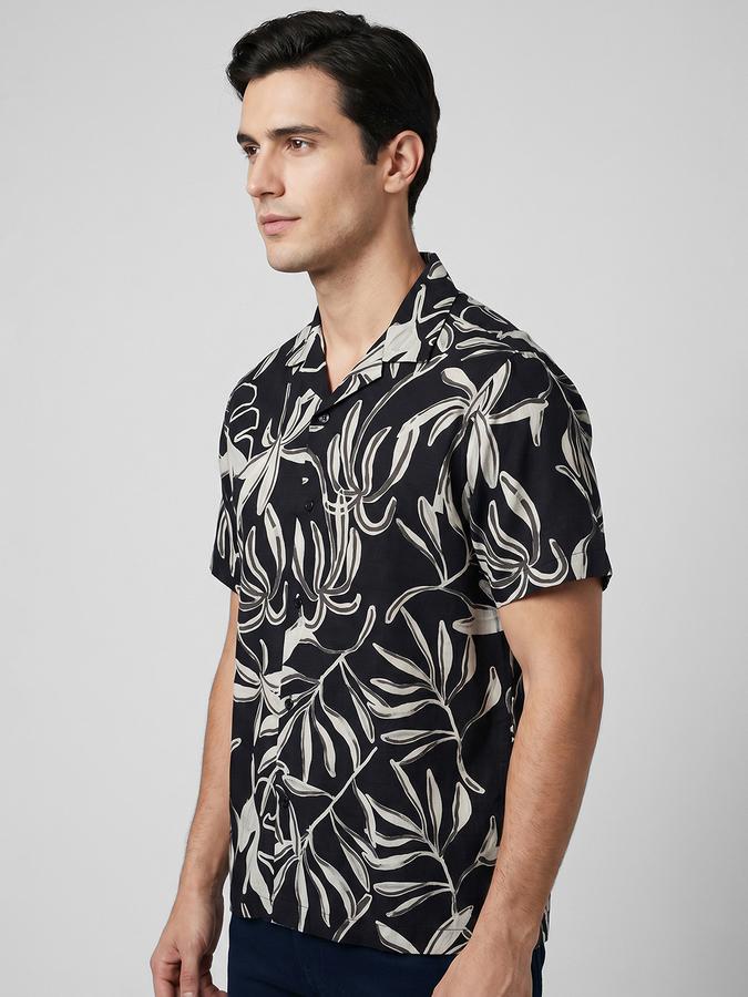 R&B Black Floral Printed Men Cuban Collar Short Sleeves Shirt