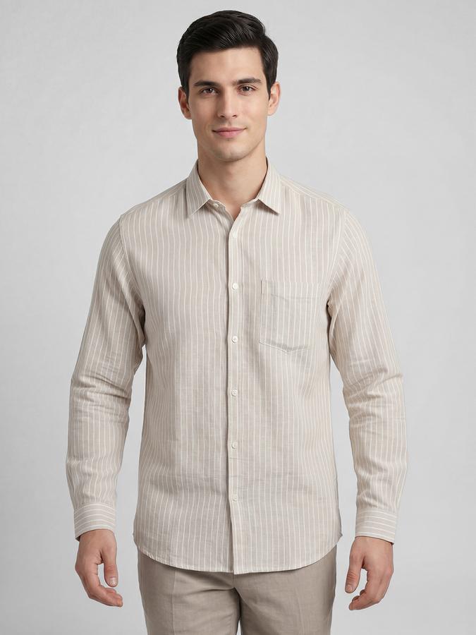 R&B Beige Striped Men Spread Collar Long Sleeves Shirt