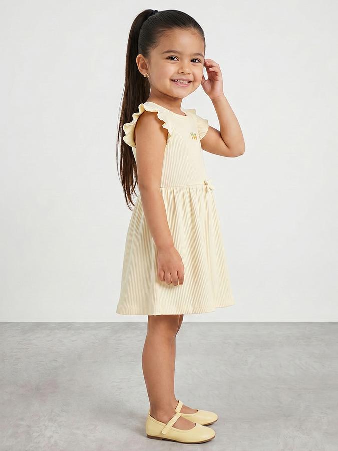 R&B Girl Yellow Tropical Embroidery Flutter Sleeves Fit and Flare Dress