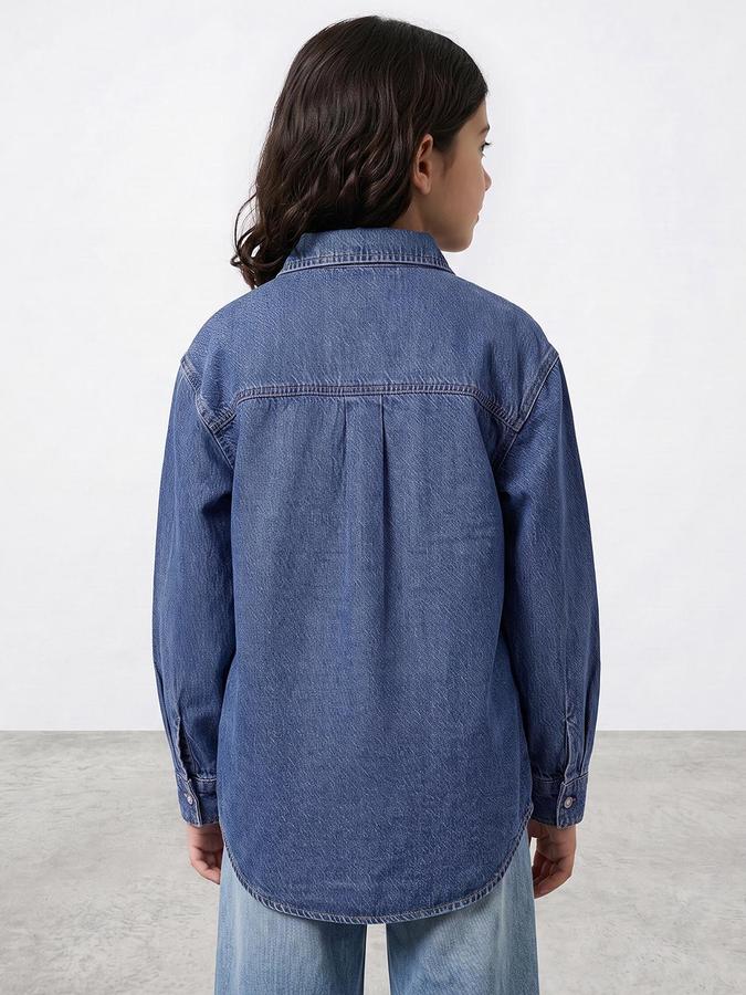 R&B Girls Blue Solid Spread Collar Long Sleeves Denim Shirt 