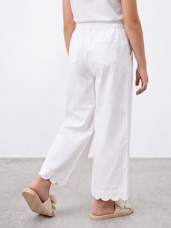 R&B Girls White Straight Fit Embroidery Mid Rise Pure Cotton Trousers