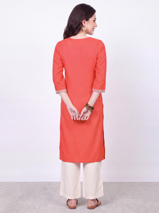 R&B Womens Coral Three-Quarter Sleeves Round Neck Floral Embroidery Straight Kurta