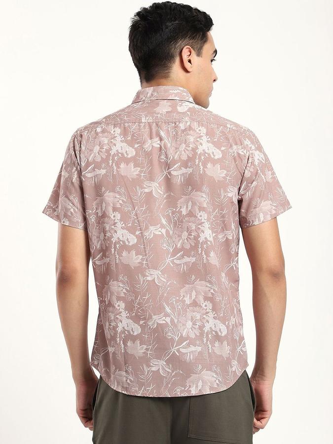 R&B Men Beige Floral Print Half Sleeves Slim Fit Shirt