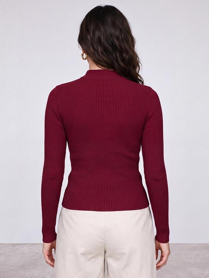 R&B Women Burgundy Ribbed High Neck Long Sleeves Fitted Top