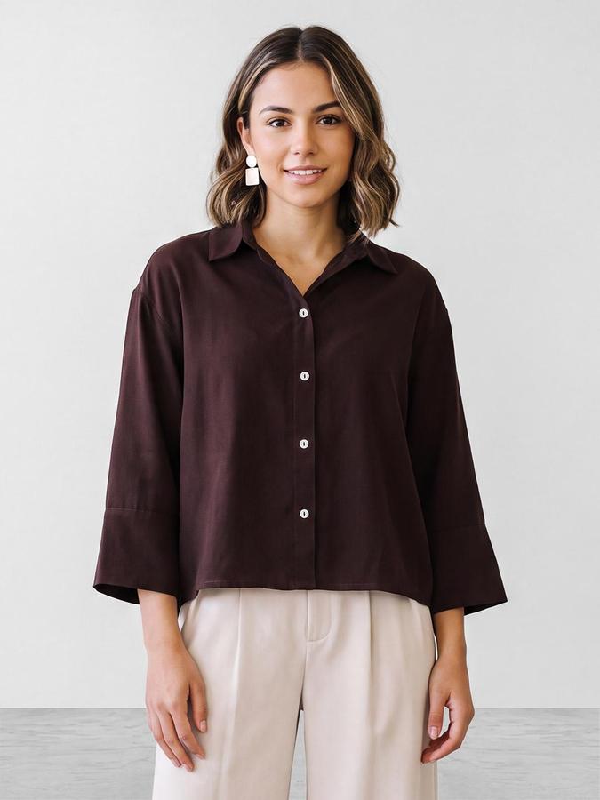 R&B Women Brown Solid Shirt Collar Long Sleeves Shirt Style Top