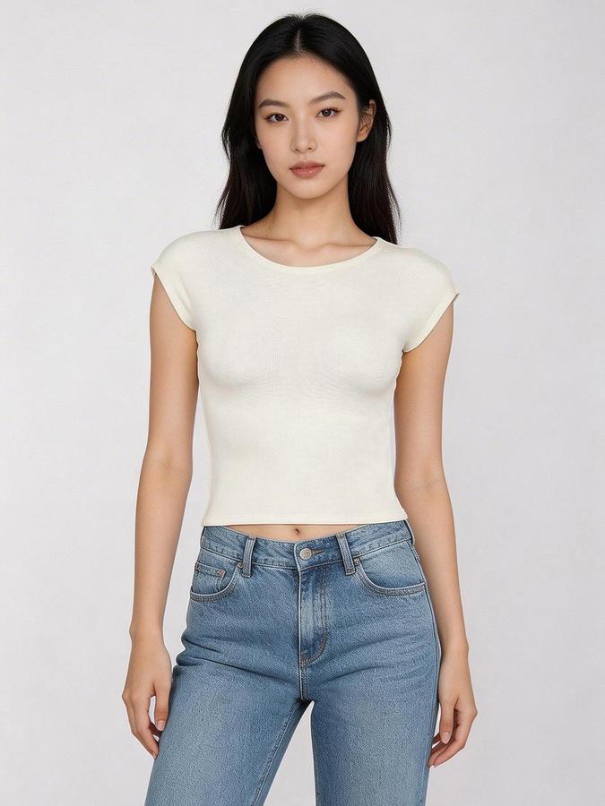 R&B White Solid Women Fitted Top 