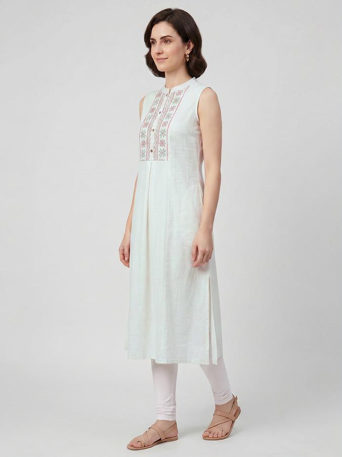 R&B Off White Embroidered Women Sleeveless Mandarin Collar Kurta