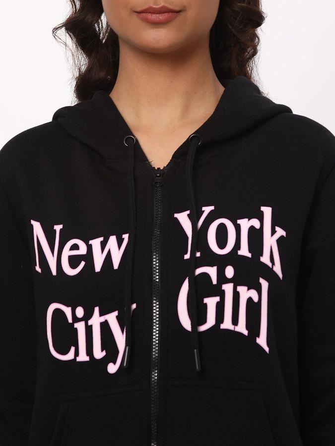 R&B Women Black Long Sleeves Graphic Hooded Neck Jacket
